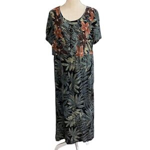 Hilo Hattie 🌴 Hawaiian Original Green & Brown Tropical Palm Leaf Dress - L